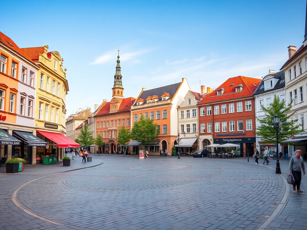 Mapa pokazująca rozmieszczenie infrastruktury i usług w Skierniewicach, z naciskiem na kluczowe punkty jak sklepy i placówki medyczne